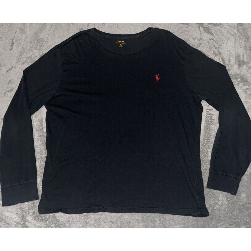 Polo Ralph Lauren Blue Black Pony Custom Fit Long‎ Sleeve Crewneck T Shirt XL
